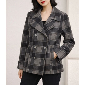 Old Navy Plaid Pea Coat Large Gray Black